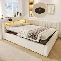 Flieks hydraulische slaapbank 140x200 cm met USB-aansluiting, jeugdbed, gestoffeerd bed, tweepersoonsbed met bekleding, dagbed met opbergruimte, linnen, beige