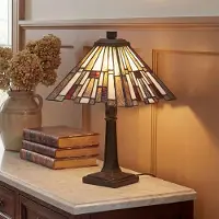 QUOIZEL Tafellamp Inglenook, brons / oud-messing, Woon-/ Eetkamer, metaal, Tiffany, Tafellamp