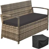 TecTake Wicker Tuinbank 2-Zits – Tuinbank met Opbergruimte – Weerbestendige Polyrattan Bank met Zitkussen en Beschermhoes – Armleuningen en Hoge Rugleuning – 128 x 56 x 77,5 cm – Natuur