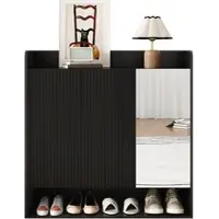 MODFU - Schoenenkast - Verticale Structuur En Passpiegel - Modern - Voor Hal - MDF En Spaanplaat - Zwart - 110 x 35,5 x 110 cm