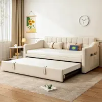 MODFU Dagbed 90x190, uitschuifbaar tot 180x190 cm, gestoffeerd bed van fluweel, slaapbank voor tieners met lattenbodem, zonder matras, beige