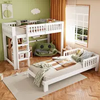 MODFU Kinderbed 90 x 200 met lattenbodem, flexibel in te stellen als stapelbed of als 2 losse bedden, hoogslaper van massief hout met veiligheidsrelingen, wit (inclusief matras)