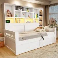 MODFU Slaapbank 90 x 200, inklapbed met matras, tienerbed met hydraulische opbergruimte, bed met opbergruimte, LED-verlichting en stopcontacten, kinderbed met plank aan het hoofdeinde, wit