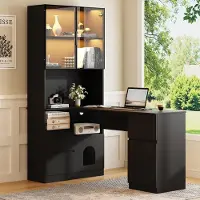OKWISH Bureau met 3 lades, hoge kast met LED-glazen vitrine en open vakken, kabeldoorvoer, zwart