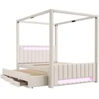 OKWISH Hemelbed 140x200 cm - Met Uitschuifbed En Ledverlichting - 3 Laden - Tweepersoonsbed Zonder Matras - Beige