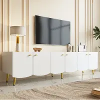 OKWISH TV-kast, Wellentor-design met ronde handgreep en metalen poten. Lage kast met zes deuren, bijzetmeubel voor de woonkamer, wit