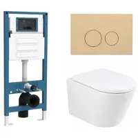 Qeramiq Dely Toiletset - inbouwreservoir Flush - 35mm zitting - kunststof beige bedieningsplaat - ronde knoppen - mat wit SW1026254/SW1448813/SW1000767/SW1102365