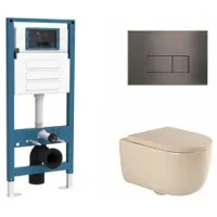 Qeramiq Dely Swirl Toiletset - inbouwreservoir Flush - 35mm zitting - metaal gunmetal bedieningsplaat - rechthoekige knoppen - beige SW1026259/SW1448813/SW1000771/SW706199