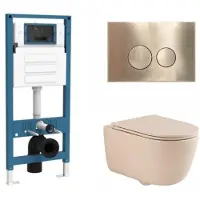 Qeramiq Dely Swirl Toiletset - inbouwreservoir Flush - slim zitting - metaal messing geborstelde bedieningsplaat - ronde knoppen - beige SW1026259/SW1448813/SW1000770/SW706200