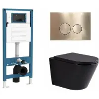 Qeramiq Dely Toiletset - inbouwreservoir Flush - 35mm zitting - metaal messing geborstelde bedieningsplaat - ronde knoppen - mat zwart SW1026253/SW1448813/SW1000769/SW706200