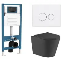 Qeramiq Dely Toiletset - inbouwreservoir Flush - slim zitting - metaal mat witte bedieningsplaat - ronde knoppen - mat zwart SW1026253/SW1448813/SW1000768/SW706190