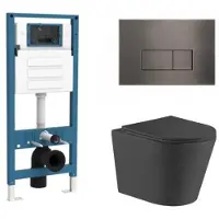 Qeramiq Dely Toiletset - inbouwreservoir Flush - slim zitting - metaal gunmetal bedieningsplaat - rechthoekige knoppen - mat zwart SW1026253/SW1448813/SW1000768/SW706199