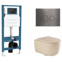 Qeramiq Dely Swirl Toiletset - inbouwreservoir Flush - 35mm zitting - metaal gunmetal bedieningsplaat - ronde knoppen - beige SW1026259/SW1448813/SW1000771/SW706198