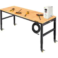 Famanu – Verstelbare werkbank met stopcontact, wielen en steekbord, robuuste werktafel met eikenhouten plaat, 155 x 51 cm