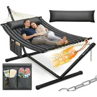 Famanu – Hangmat met standaard en kussen voor binnen en buiten, XXL, geschikt voor 2 personen, met metalen frame