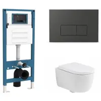 Qeramiq Dely Swirl Toiletset - inbouwreservoir Flush - 35mm zitting - kunststof mat antraciete bedieningsplaat - rechthoekige knoppen - mat wit SW1026257/SW1448813/SW1000767/SW1102377