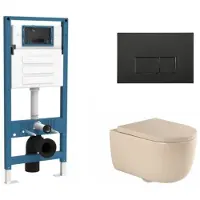 Qeramiq Dely Swirl Toiletset - inbouwreservoir Flush - 35mm zitting - kunststof mat zwarte bedieningsplaat - rechthoekige knoppen - beige SW1026259/SW1448813/SW1000771/SW706189