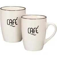Excellent houseware Siaki koffie kopjes Barista Cafe - 2x stuks - creme wit - 340 ml - mokken - keramiek - 10 cm - met koffie thema teksten