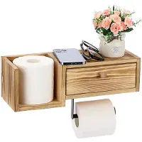 Unyqoos Wandgemonteerde houten toiletrolhouder met plank en lade voor badkamer