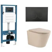 Qeramiq Dely Toiletset - inbouwreservoir Flush - slim zitting - kunststof mat zwarte bedieningsplaat - ronde knoppen - beige SW1000764/SW1448813/SW1000770/SW706188