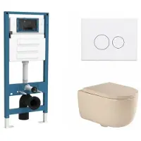 Qeramiq Dely Swirl Toiletset - inbouwreservoir Flush - 35mm zitting - metaal mat witte bedieningsplaat - ronde knoppen - beige SW1026259/SW1448813/SW1000771/SW706190