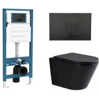 Qeramiq Dely Toiletset - inbouwreservoir Flush - 35mm zitting - kunststof mat zwarte bedieningsplaat - ronde knoppen - mat zwart SW1026253/SW1448813/SW1000769/SW706188