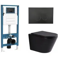 Qeramiq Dely Toiletset - inbouwreservoir Flush - 35mm zitting - kunststof mat zwarte bedieningsplaat - ronde knoppen - mat zwart SW1026253/SW1448813/SW1000769/SW706188