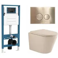 Qeramiq Dely Toiletset - inbouwreservoir Flush - 35mm zitting - metaal messing geborstelde bedieningsplaat - ronde knoppen - beige SW1000764/SW1448813/SW1000771/SW706200