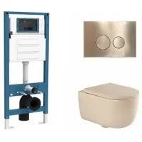 Qeramiq Dely Swirl Toiletset - inbouwreservoir Flush - 35mm zitting - metaal messing geborstelde bedieningsplaat - ronde knoppen - beige SW1026259/SW1448813/SW1000771/SW706200