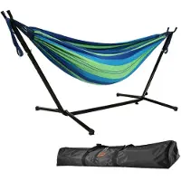Famanu – Hangmat met standaard, 9 voet dubbel, 250 kg capaciteit, inclusief draagtas, voor binnen en buiten, terras, tuin, balkon (blauw en groen