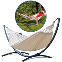 Famanu – Hangmat met standaard voor 2 personen, stabiel metalen frame tot 220 kg, hangmatset in grafiet met crème hangmat