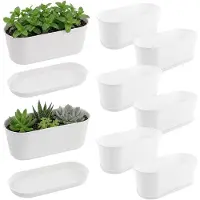 Famanu – Set van 8 kruidenpotten met dienblad, rechthoekige plantenbakken voor binnen en buiten, witte plastic plantenbakken voor tuin en vensterbank