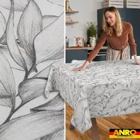 ANRO Tafelkleed Geschetste bladeren Grijs 180x140cm Met sierband Afwasbaar Waterafstotend