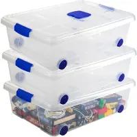 PlasticForte Opslagbox - 3x stuks - met deksel - 31L - 62 x 45 x 18 cm - transparant - opbergbak - met wielen