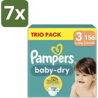 Pampers 7 x – Luiers – Baby-Dry Trio Pack Maat 3 (6-10 kg) – 156 Luiers - Baby Luiers - Droge Luiers - Anti-lek Luiers - Baby Droogheid - Nachtluier
