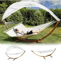 Famanu – Outdoor houten hangmat met dak en hangmatframe, 200 x 150 cm, voor 2 personen, belastbaarheid 200 kg