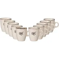 Excellent houseware Siaki koffie kopjes Barista Cafe - 10x stuks - creme wit - 220 ml - mokken - keramiek - 10 cm - met koffie thema teksten