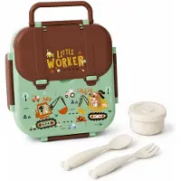 VHV - Kinderlunchbox met 3 Vakken - Broodtrommel met Bestek en Sausbakje - Geschikt voor Magnetron met Handvat voor School en Onderweg - Groen-Bruin Bouwvoertuigen