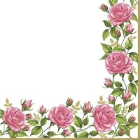 Daisy 40 Servetten - Bloemenrand met Tuin Rozen - Flower Frame with Garden Roses - Op een witte achtergrond - Roze - Groen - Goud - 33 x 33 cm - 3-Laags -