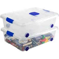 PlasticForte Opslagbox - 2x stuks - met deksel - 31L - 62 x 45 x 18 cm - transparant - opbergbak - met wielen