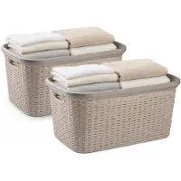 PlasticForte Wasmand - 2x - 35 liter - rotan - beige - kunststof - 53 x 36 x 26 cm - draagmand - met handvatten - lichtgewicht