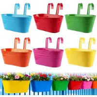 Famanu – Set van 6 metalen bloempotten om op te hangen, 27,5 cm, hangende bloempotten voor balkonleuning, grote hangende bloembak voor tuin en omheining