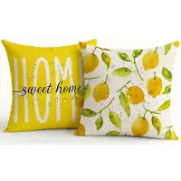 Famanu – Set van 2 waterdichte kussenhoezen voor buiten, 50 x 50 cm, geel met design, dubbelzijdig en modern, linnen-polyester, voor balkon en tuin