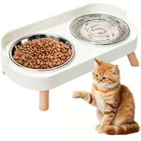 Famanu – 2 stuks kattenbak verhoogd roestvrij staal kattenbakken met spatbescherming, dubbele voerbak kat met standaard, voederbak waterbak set voor katten en kleine honden