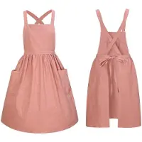 Famanu – Pinafore jurk schort voor vrouwen en meisjes, vintage ruffle katoen chef schort met zakken en lange bindstroken, ideaal voor koken, tuinieren en bakken