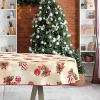 ANRO Tafelkleed Kerstballen Beige Ovaal 280x140cm Met sierband Afwasbaar Waterafstotend