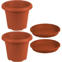 Hega hogar 2x stuks ronde plantenpotten terra cotta met opvangschaal met diameter 26 cm - Kunststof - Buiten gebruik