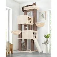 Famanu – Beige krabpaal voor grote katten met dikke stammen van 11 cm, inclusief 2 extra grote kattenhuizen van 50 x 35 x 30 cm, voldoende krabvlakken en platform ligvlak, 170 cm hoog, stabiel