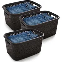 PlasticForte Wasmand - 3x - 35 liter - rotan - zwart - kunststof - 53 x 36 x 26 cm - draagmand - met handvatten - lichtgewicht