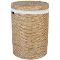 Famanu – Natuurlijk rotan wasmand L Ø 35 cm x hoogte 50 cm, rond met deksel en binnenzak, boho chic wasverzamelaar